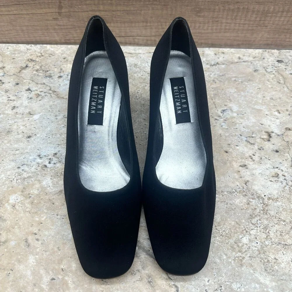 Stuart Weitzman Pumps Womens 9.5B Black Square Toe Heels Textile/Leather - Picture 2 of 10